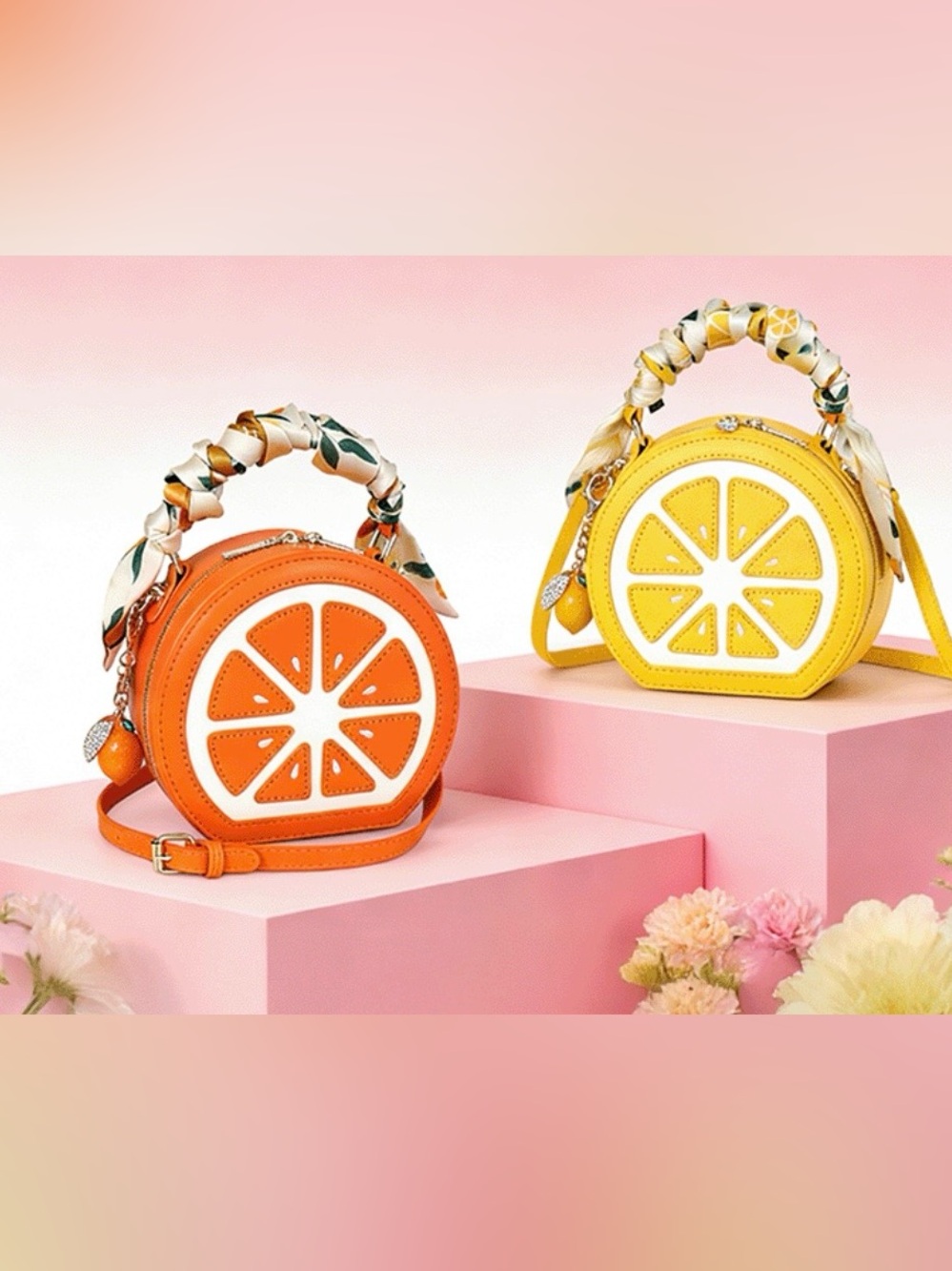 P1–Citrus Round Handbag LEMON YELLOW TANGERINE ORANGE WITH MATCHING EARRINGS